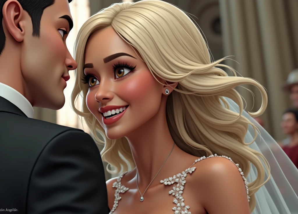 A bride and groom getting married at the altar, maintaining these physical characteristics