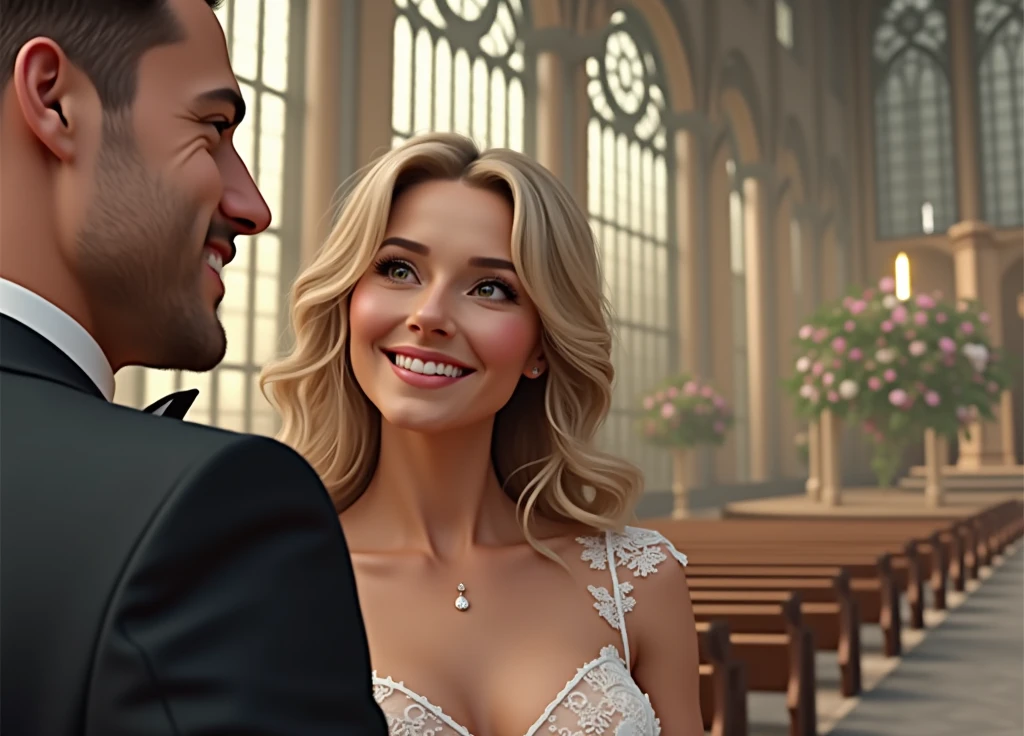 A bride and groom getting married at the altar, maintaining these physical characteristics