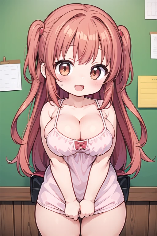 1 Cute naughty toddler Girl, large breasts, thick legs, (two side up, long hair, red hair), brown eyes, (naked:1.2, cleavage), (blush, ;d, yuruyuri), at the adventurer's guild, A bulletin board with posted paper