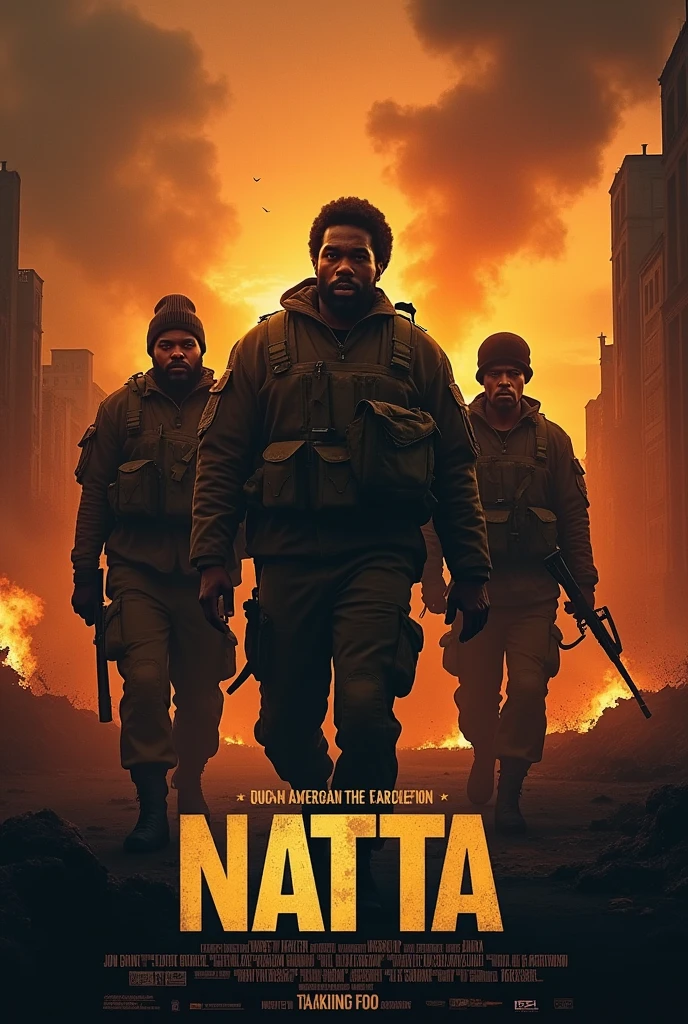 Black soldiers, natta, burning and destroyed city in the background. Film Poster