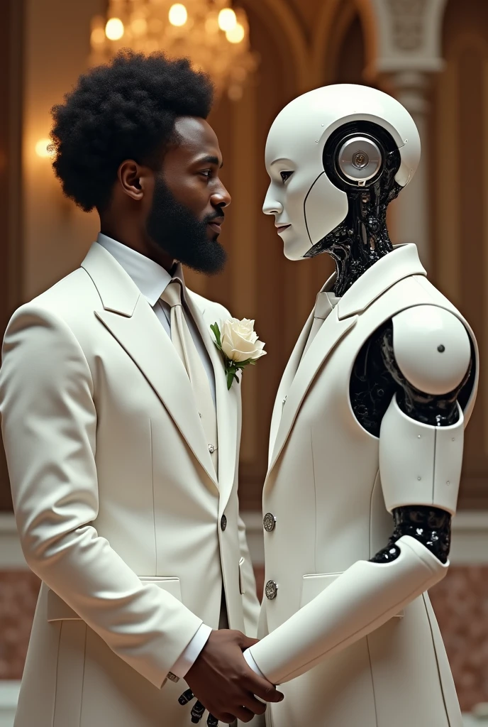 The hyperrealistic wedding of two gay men , the robot man is and the other is human man, The human is dark-skinned, He has black hair and eyes, will wear a white suit, The robot will be handsome and will be white, They will have a sign that says “Diego and ChatGPT’s Wedding”