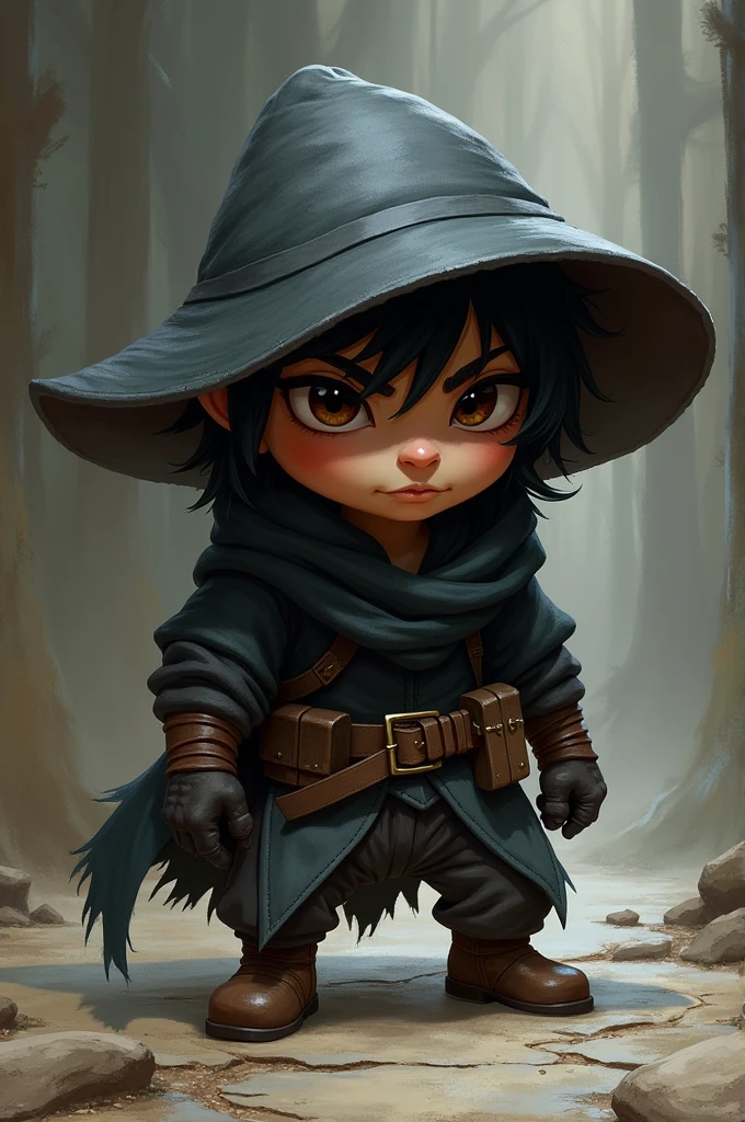 Rolo is a halfling about 3 feet tall., with messy black hair and shrewd brown eyes that always seem to assess the situation around him. He wears tight, dark clothes, ideal for camouflaging yourself in the shadows, and a wide-brimmed hat that hides part of his face.