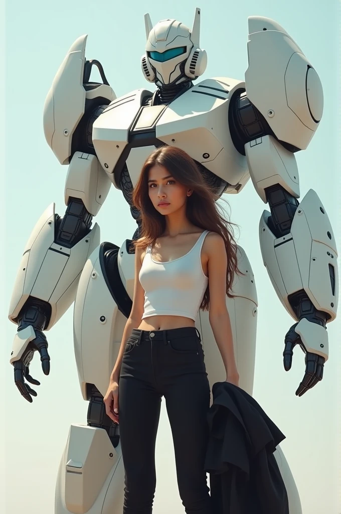 One with long brown hair and brown eyes with a white tank top and a black coat in her hand With black pants and black boots Next to her a tall white transformers robot
