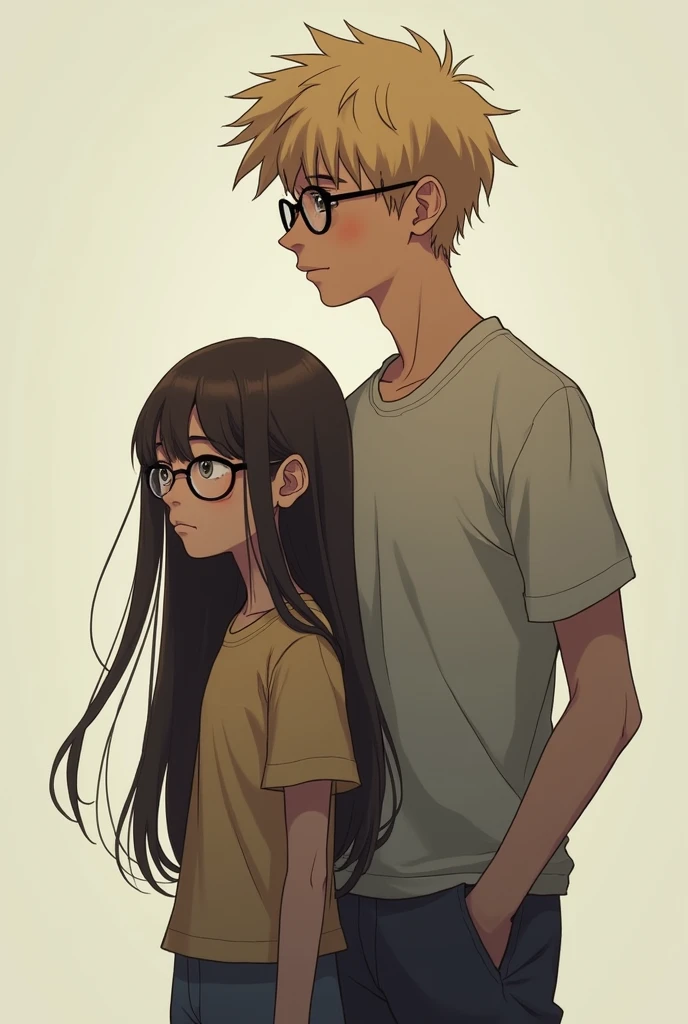 girl with long length hair with glasses, and have a sulking face, and boy have blonde hair with glasses and have 6'2 height