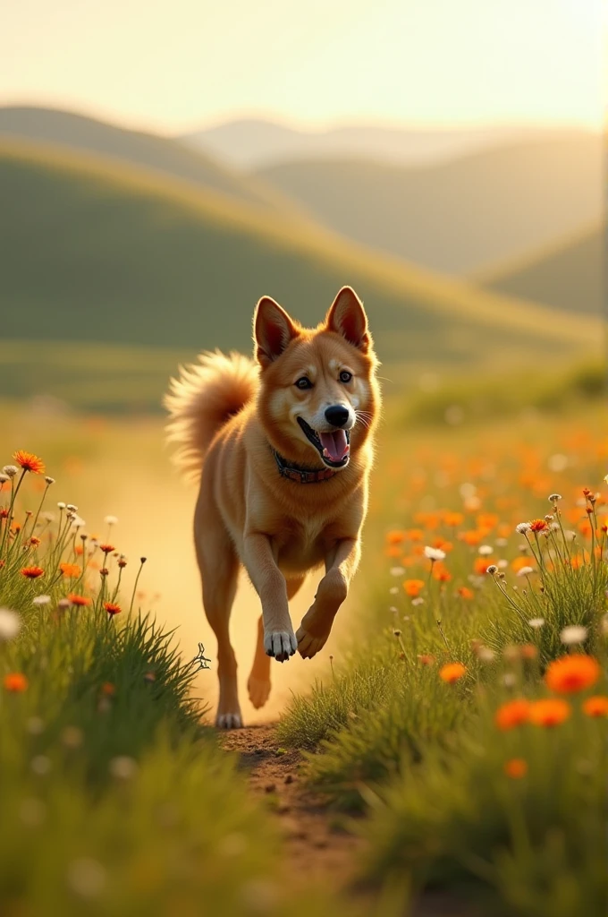 Dog with three legs running in the field