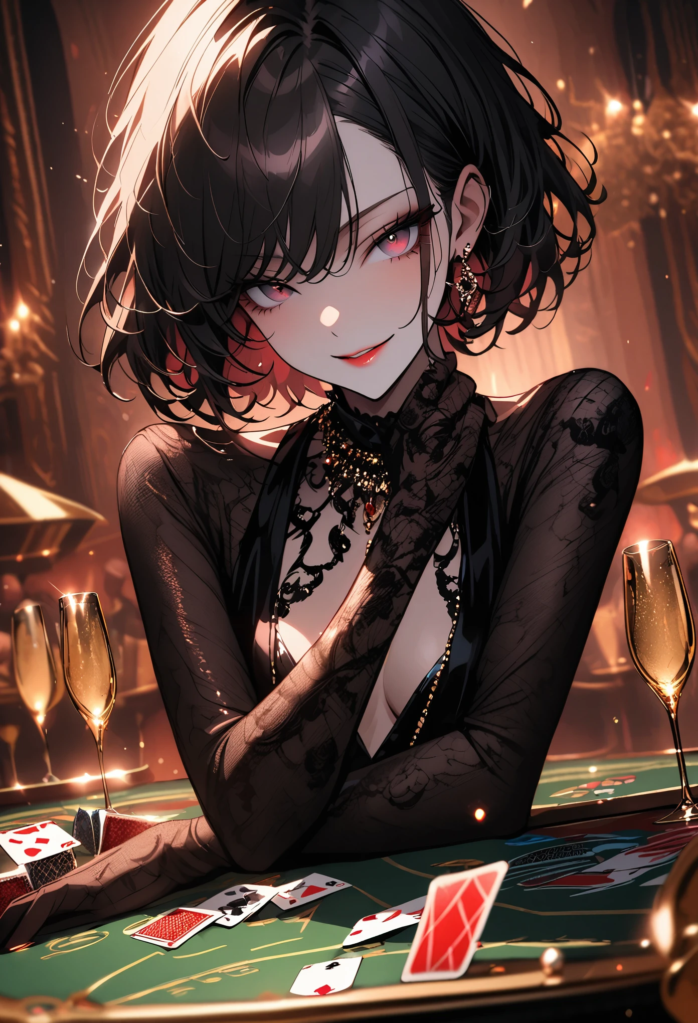 luxurious casino, elegant, opulent, card table, female croupier dealing cards, close up, seductive smile, champagne, decadent atmosphere, short hair