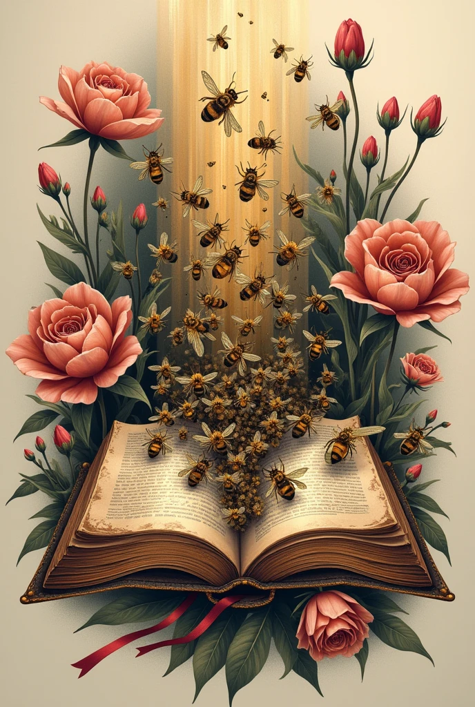 Tattoo of Swarm of bees flowing into a closed bible with flowers
