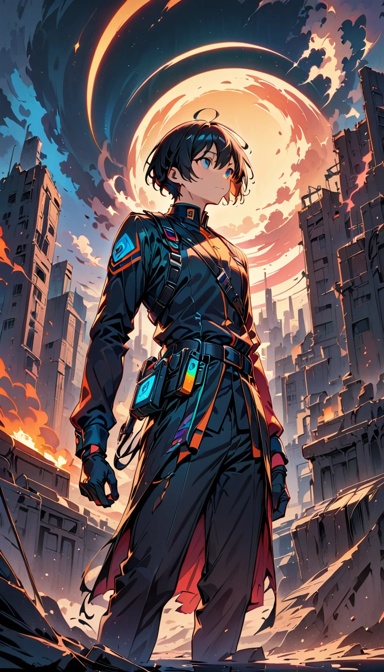(Highest quality:1.2, Very detailed, Latest, Vibrant, digital coloring, High Contrast, masterpiece:1.2, Highest quality, Best aesthetics), 1 male, Black Hair, Cropped short hair、Looking up into the void, uniform, Torn clothes, Belt with equipment attached, Unusable communication devices, A city with no one, The end of the world, City in Ruins, Dark Color Palette,Smoke rises from the sky, Sand Dust, pararel, Dark Night.
