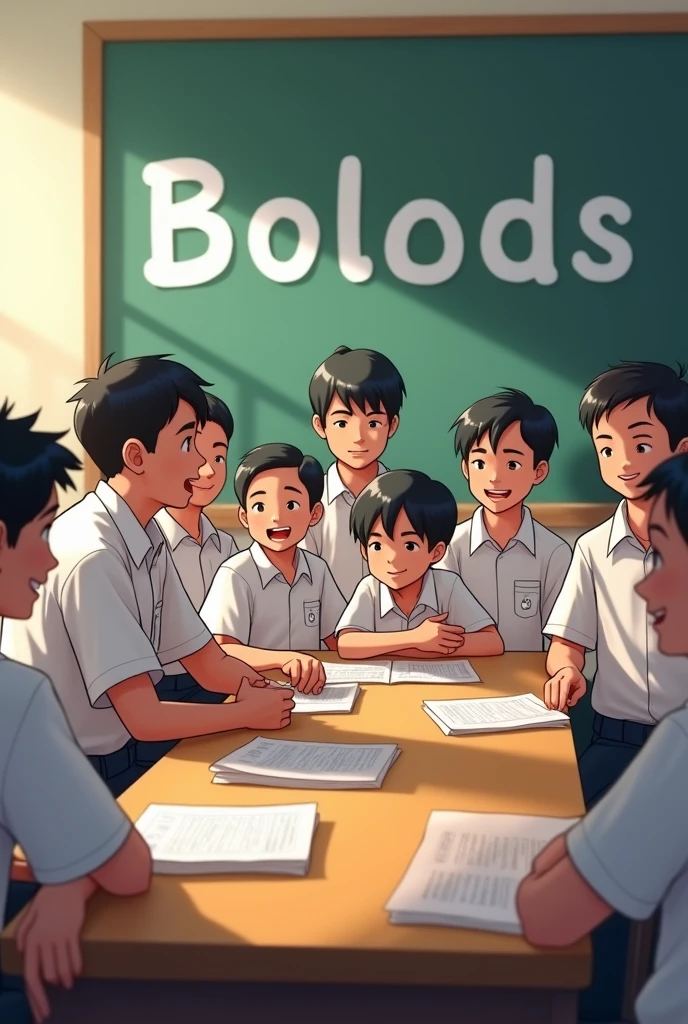 10-15 boys are sitting on the table of a class room of a school (all their shirts are white and two of them have black caps on their heads) BOLODS is written in big letters on the back wall, class - 8 is written in small letters, Danmondi Govt. Boys High School They are all very happy