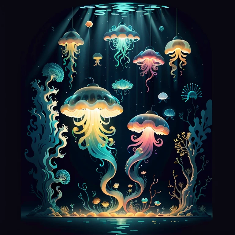 there is a jellyfish with a yellow light on its head, two magnificent jelly fish, squid phoenix jellyfish, rendered in houdini, clematis in the deep sea, phoenix jellyfish, sea anemone, jelly fish dancing, bioluminiscent creatures, sea creature, fluid simulation in houdini, closeup cinematic aquatic scene, jellyfish pheonix, deep sea creatures