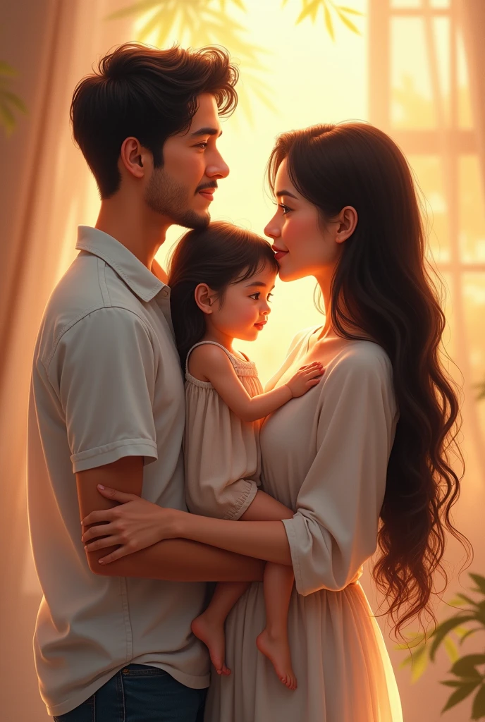 Picture where dad is on the left dad daughter in the middle little and mom on the right holding hands mom beautiful black hair higher than butt and very beautiful location so that they are back to back