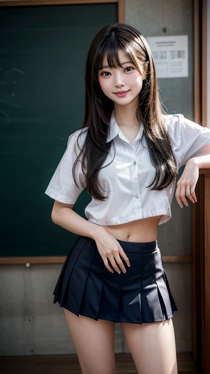 High resolution, Very detailed, Realistic, 1 beautiful Japan schoolgirl, Very detailed美しい顔, Straight hair, Medium Black Hair, Beautiful legs, A light smile, Sports underwear, classroom