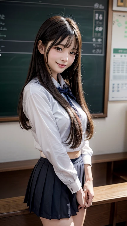 High resolution, Very detailed, Realistic, 1 beautiful Japan schoolgirl, Very detailed美しい顔, Straight hair, Medium Black Hair, Beautiful legs, A light smile, Sports underwear, classroom