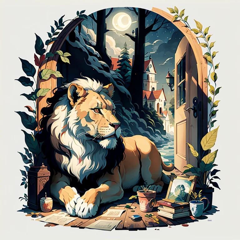 (((Masterpiece artwork))), best qualityer, illustration, beautifuldetailedglow, paper_hackear, lion, tree, ..moonligh