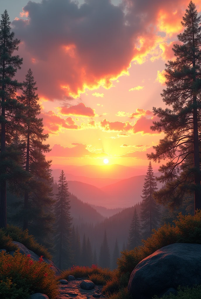 a breathtaking landscape, beautiful sunset sky, dramatic clouds, sun rays, serene forest, tall trees, lush foliage, vibrant colors, tranquil atmosphere, realistic, photorealistic, photo-realistic:1.37, best quality, 4k, 8k, highres, masterpiece:1.2, ultra-detailed, (realistic, photorealistic, photo-realistic:1.37), HDR, UHD, studio lighting, ultra-fine painting, sharp focus, physically-based rendering, extreme detail description, professional, vivid colors, bokeh, landscape