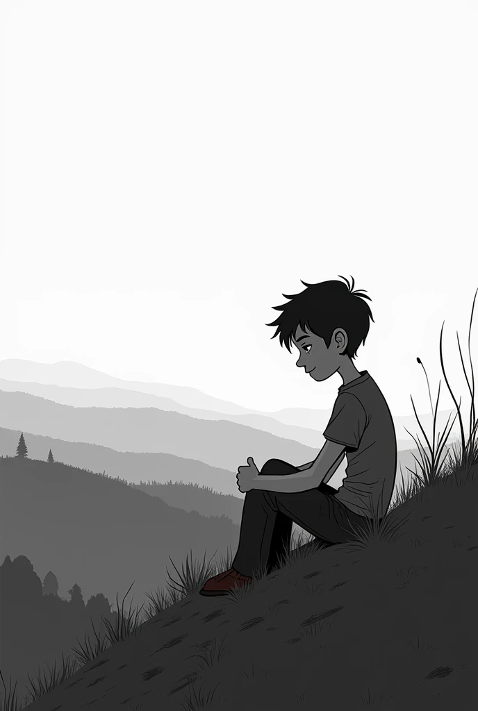 Edge of a hill in black and white in cartoonist way with a sad grown-up man sitting there missing his mother in his imagination 
