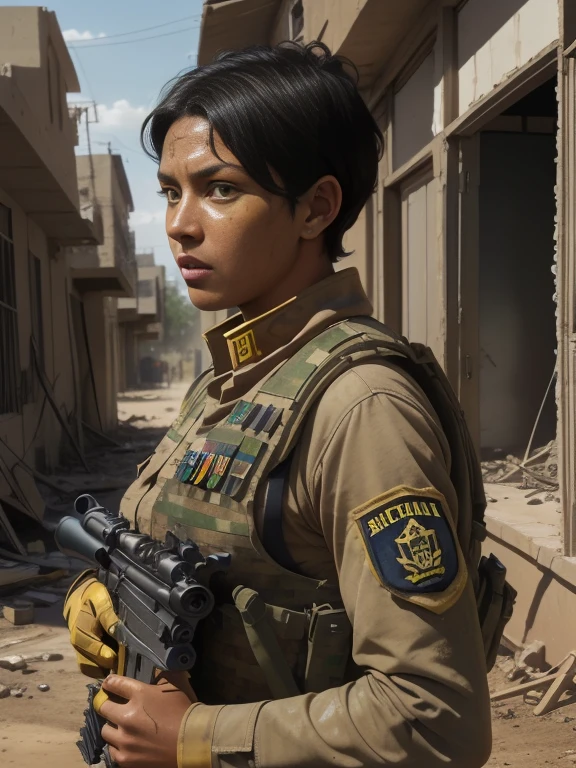 A breathtaking masterpiece that brings photorealism to life with exceptional attention to detail. (24 year old:1.3), (Mixed race Guatemalan-Navajo), (Short black hair:1.3), (Yellow colored eyes:1.4), (tanned bronze skin:1.4), (Wearing: USA marine corps uniform, camouflage military uniform, bulletproof vest and gloves), fighting on the battlefield, strong muscles, face stained with mud and blood, sweaty skin, bloody skin, mud-stained skin, army girl, rifle, (aiming and holding rifle: 1.3), soldier girl, infantry girl, expression of determination, rigorous expression, shootout, (Background: Set during the 2003 invasion of Iraq, on the empty streets of an Iraqi village, warzone, ruined buildings, debris is the surroundings), highest quality, ultra-high resolution, absurdity, realistic, physically based rendering, cinematic lighting, complex and cinematic appearance, cinematic soft light, soothing tone, photorealistic, cowboy shot, dynamic angle
