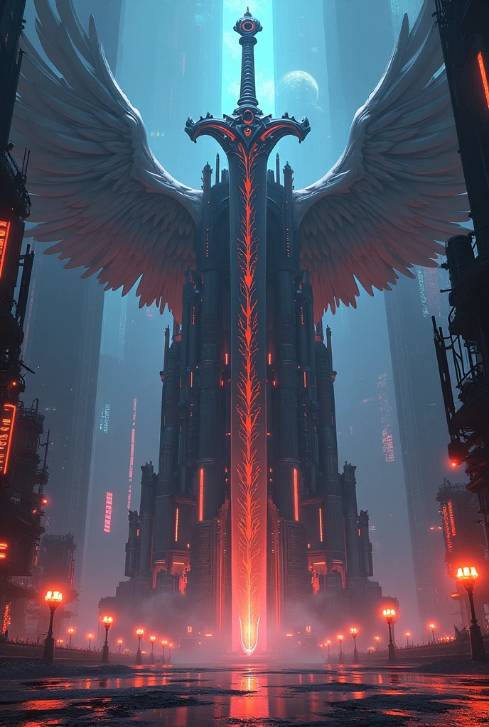 a beautiful palace cyberpunk, aggressive design, rendering 3D, made of plastica and metal, angelic sword themed of decorations, futuriatic style, futuriatic night city background, Red Orange and Blue colors, High like a skycraper , aggressive boor design, giant huge great angelic sword in top of it