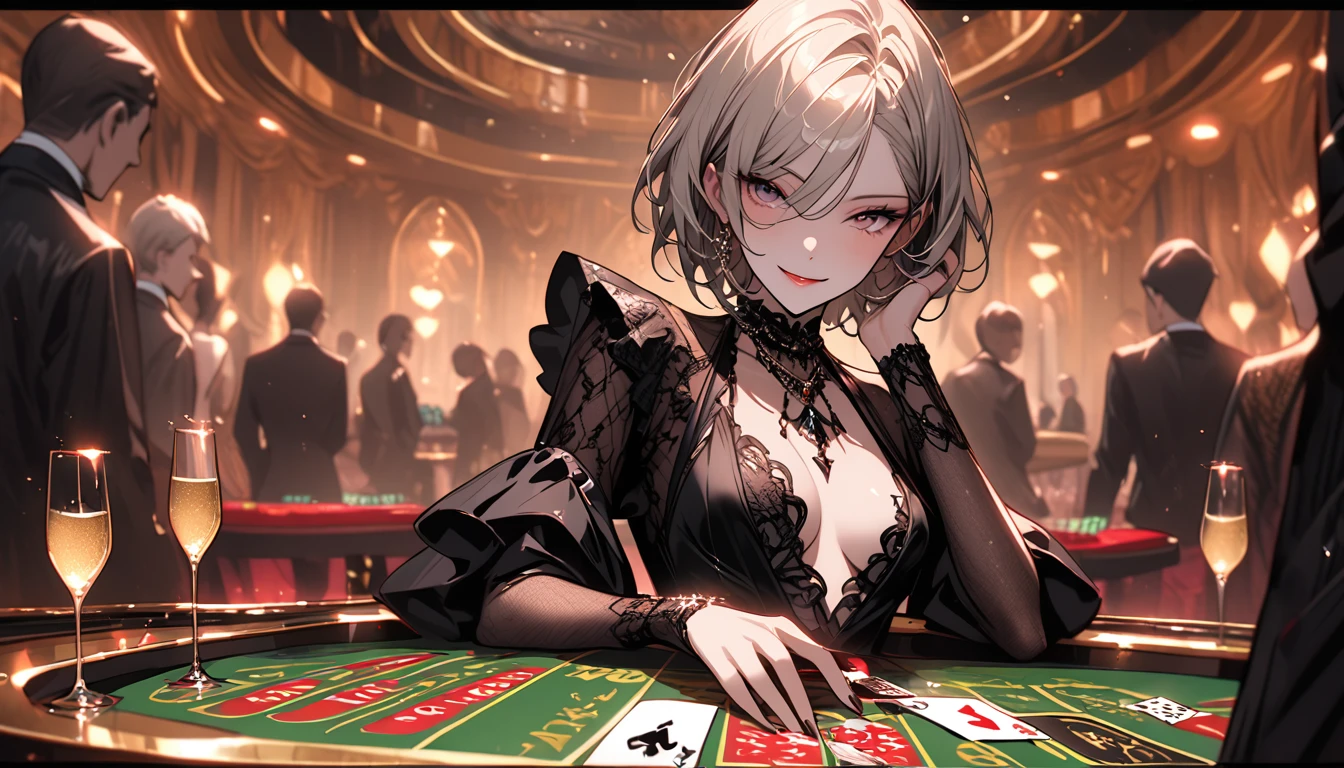 luxurious casino, elegant, opulent, card table, female croupier dealing cards, close up, seductive smile, champagne, decadent atmosphere, short hair, full table, female focus, crowd