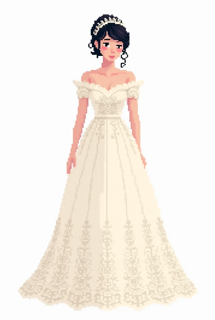 Pixel art illustration of a woman wearing a wedding dress。Background is white。Hairstyle: Black hair in an updo。whole body。35Px×35px