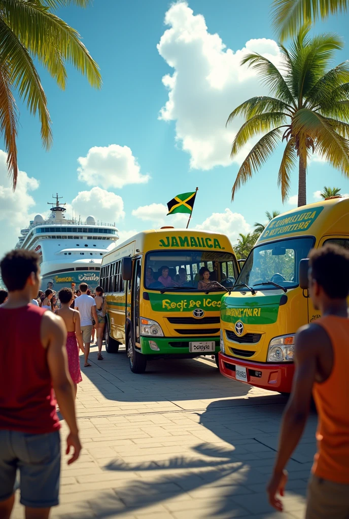 An image with Jamaican flagss Toyota coaster busses picking up tourist from a ship dock with a little bit of people walking in the background