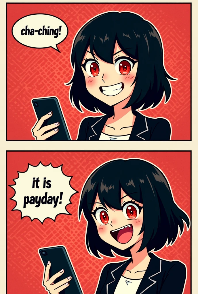 2 comic panels, dot halftone, flat color, comic style, main character is a black short hair vampire girl with red eyes rising her smartphone, panels one with main character smirk and the text "Cha-Ching" in sound effect, panel tow with main character laugh out loud and saying "IT IS PAYDAY!", text fontstyle comic, red dot background, cute