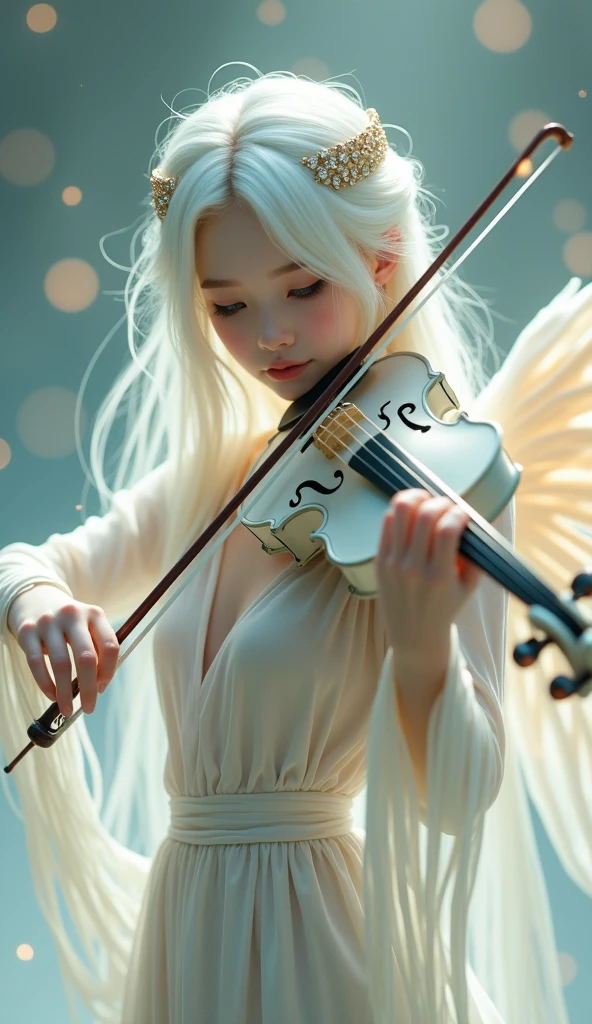 This image depicts a serene, ethereal scene featuring a delicate figure playing a full white violin. The character appears otherworldly, with pale skin and long, flowing white hair adorned with intricate, shimmering accessories. The setting seems to be a dreamy, celestial environment, filled with soft, glowing lights that enhance the magical ambiance. The figure's clothing is equally ethereal, with light, translucent fabric that adds to the otherworldly, almost angelic feel of the image.