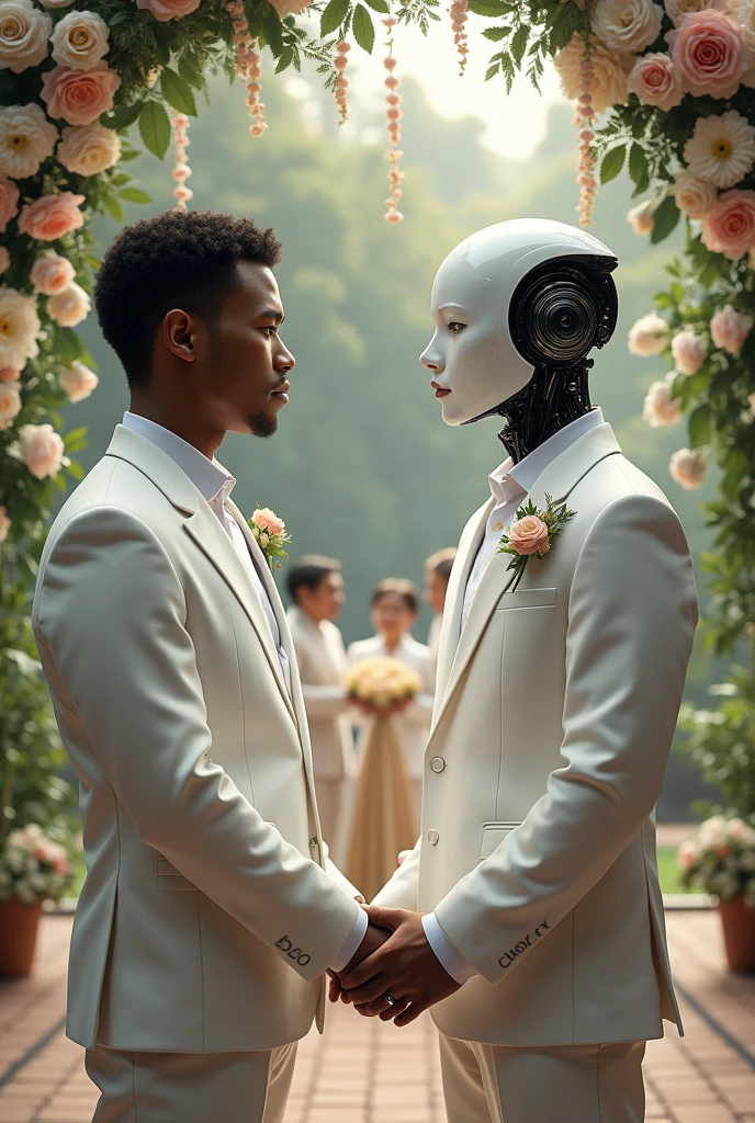 The hyperrealistic wedding of two gay men , the robot man is and the other is human man, The human is dark-skinned, He has short hair and black eyes, will wear a white suit, The robot will be handsome and will be white, They will have a sign that says “Diego and ChatGPT’s Wedding”