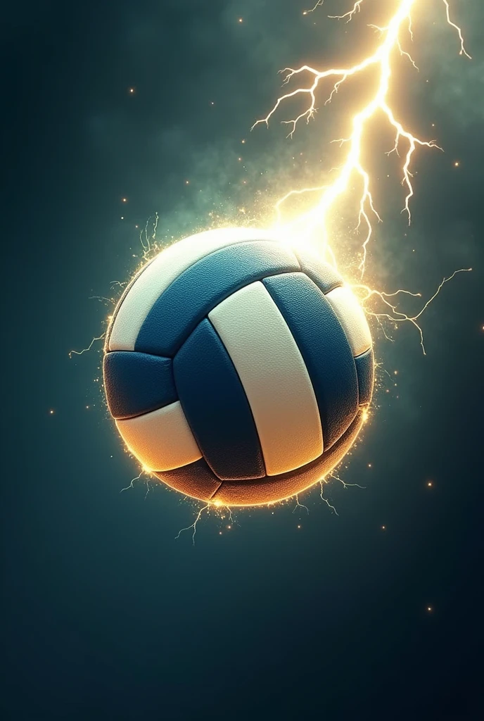 Imagine a classic volleyball, with its distinctive white and blue or white and green panel design. Now, Visualize a bright ray passing through the ball, starting from the top and going down to the center. Lightning is a flash of yellow and white, with sparks emanating from it, giving it a feeling of energy and movement. The contrast between the soft, rounded ball and the force of the lightning creates a dynamic and powerful image.. 