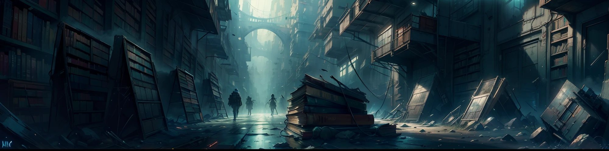 ancient library, cyberpunk scenario, diffused lights, post apocalyptic, Sober colors, , eyeshadows