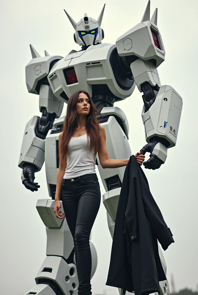 One with long brown hair and brown eyes with a white tank top and a black coat in her hand With black pants and black boots Next to her a tall white transformers robot