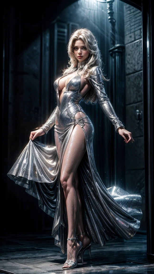 Marvel comics sexy susan storm in sexy white side slit knot long see through wet silver sequined skirt, silver sequined bra and heels, full body sexy seducing pose,hd high quality 4k