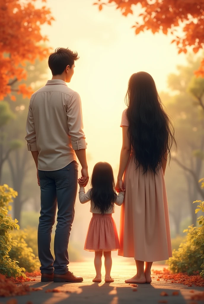 Picture where dad is on the left dad daughter in the middle little and mom on the right holding hands mom beautiful black hair higher than butt and very beautiful location so that they all stand with their backs