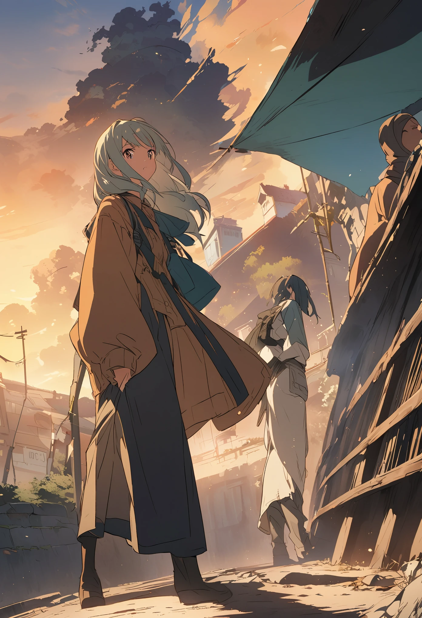 An anime illustration of a person&#39;s upper body peeking out from the right edge of the screen、Chibi Character、Look at your audience and wave, Right side