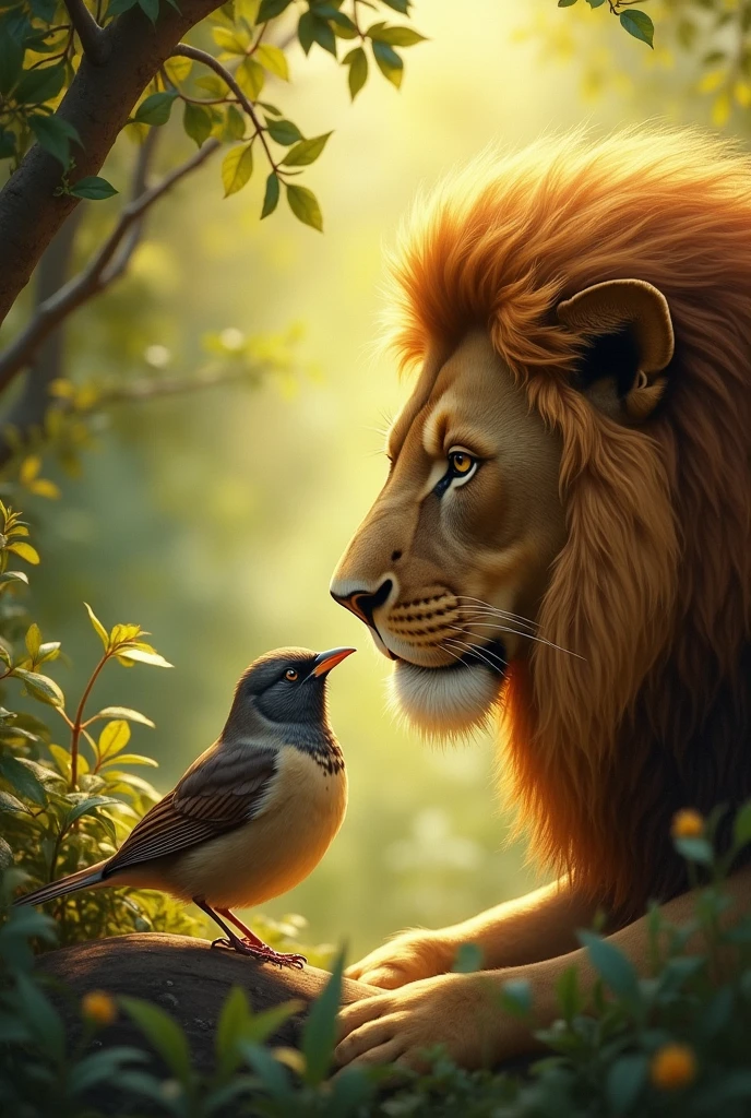 The sparrow explaining with a wise look, while the lion listens attentively, showing a shift in his understanding.