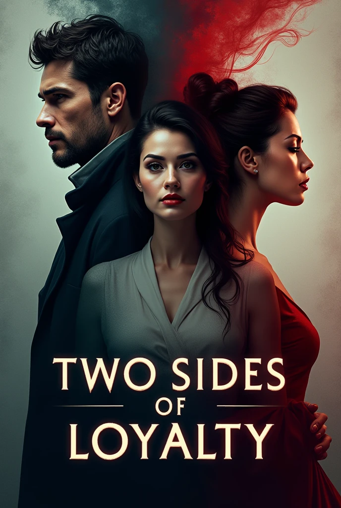 Novel poster for the title 'TWO SIDES OF LOYALTY' concept of 3 people consisting of husband, wife and lover