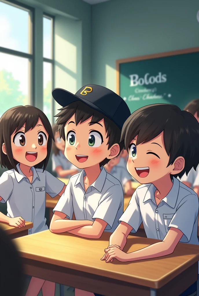 10-15 boys are sitting on the table of a class room of a school (all their shirts are white and two of them have black caps on their heads) BOLODS is written in big letters on the back wall, class - 8 is written in small letters, Danmondi Govt. Boys High School They are all very happy