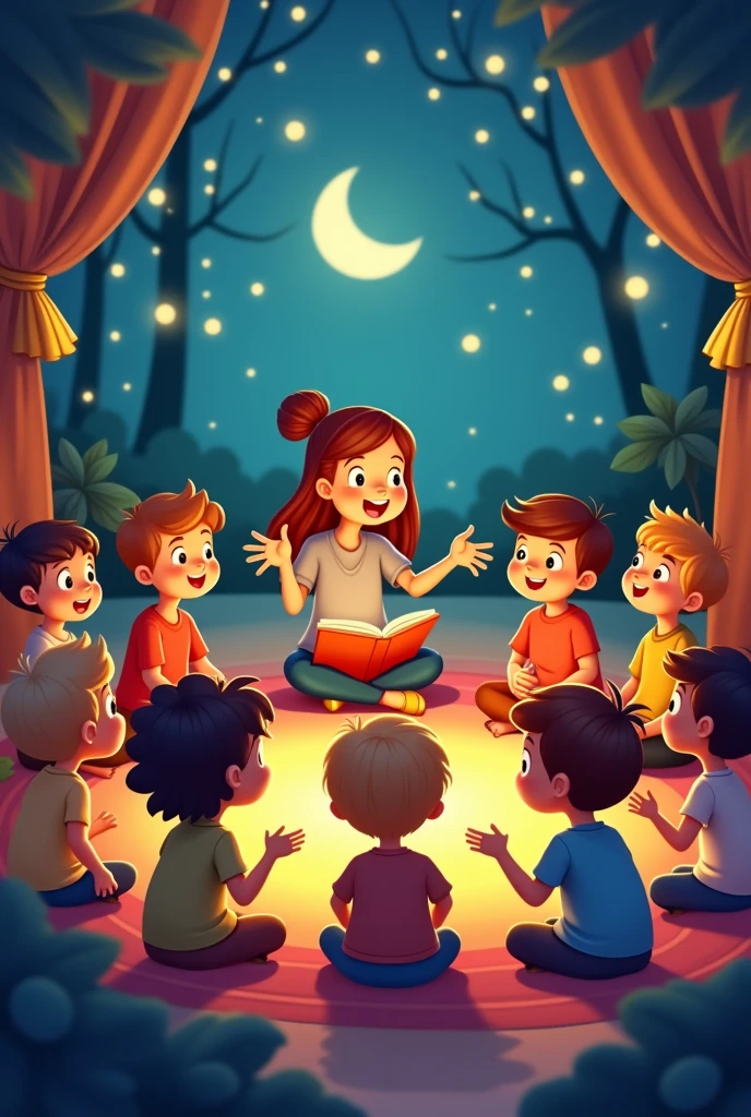 Cartoon of children sitting around a storyteller, simple and colorful