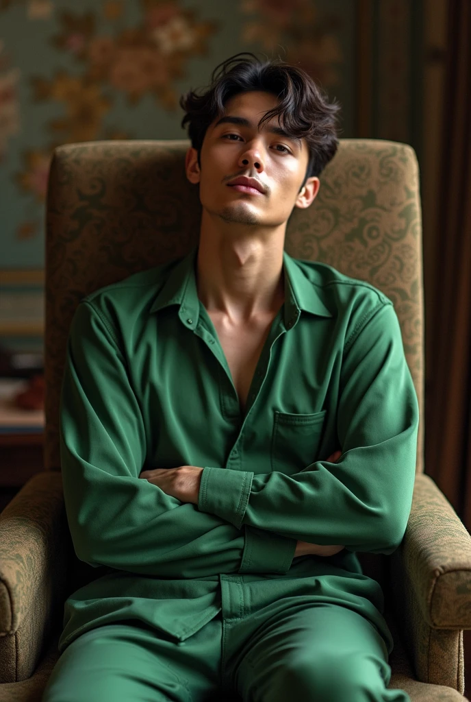The second prince's sitting posture is indeed very strange,Half squatting on the chair,Looks like a farmer resting in the field,The green silk shirt covered his legs,But what's even more bizarre is,Look at his intoxicated expression,Beautiful facial features,Revealed all over。It's a feeling of elegance and tranquility,It seems that I am already tired of everything around me,The past of this world,Just thinking about music
