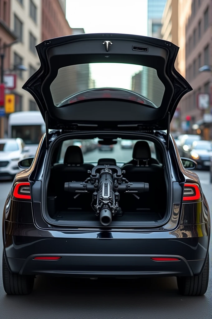 Tesla car with a machine gun in the back at trunk level