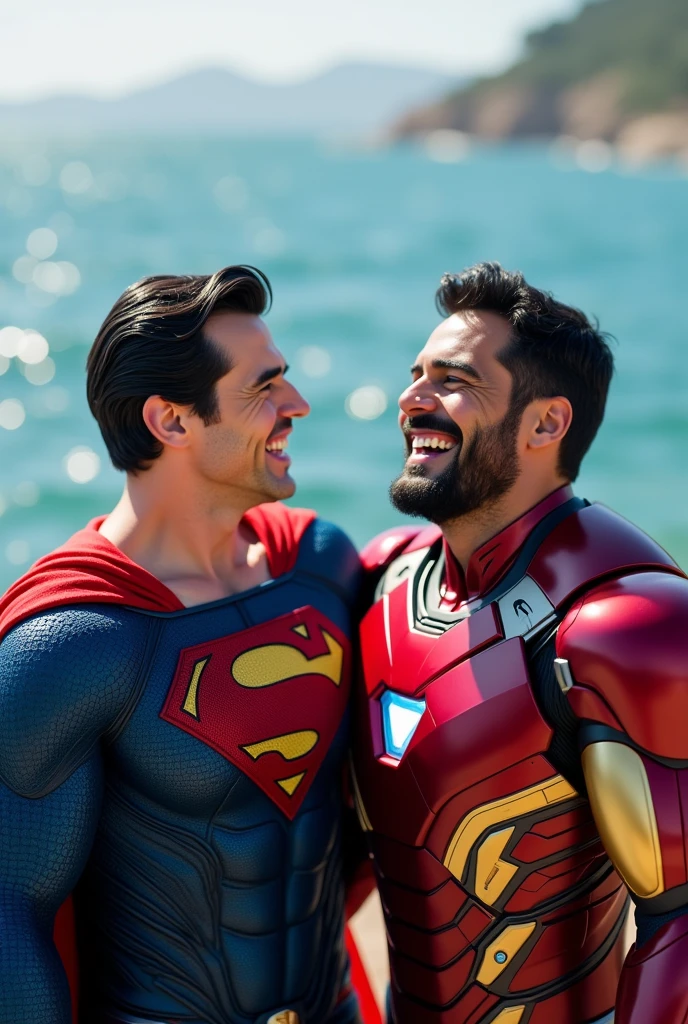 Superman and iron man are laughing. Near of the ocean