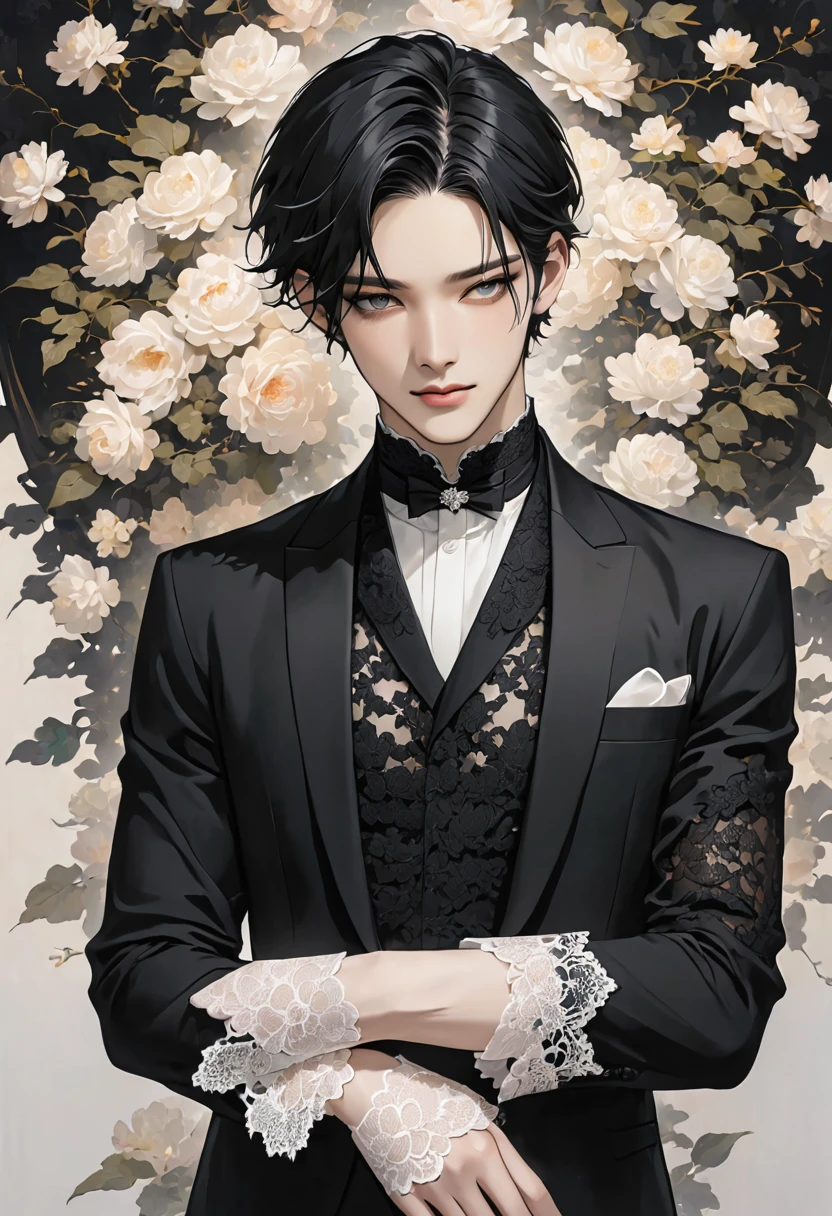 Elegant pale man, black clothes, lace on hands, black hair Man 