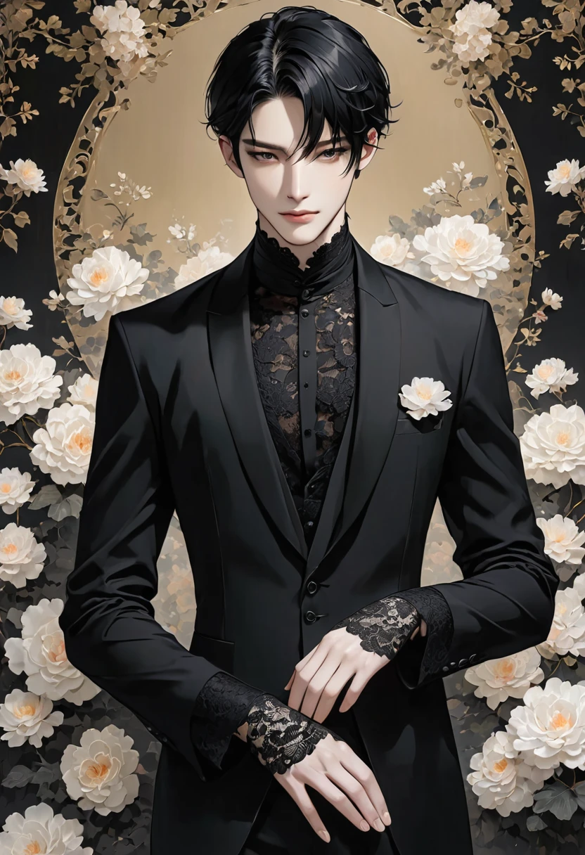 Elegant pale man, black clothes, lace on hands, black hair Man 