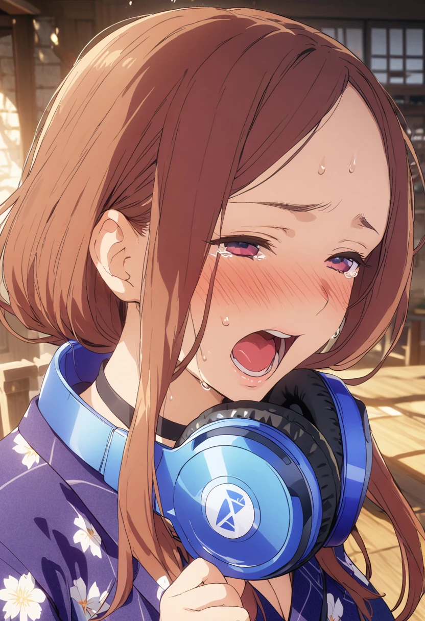 A man putting headphones on a woman, she makes an ahegao face.