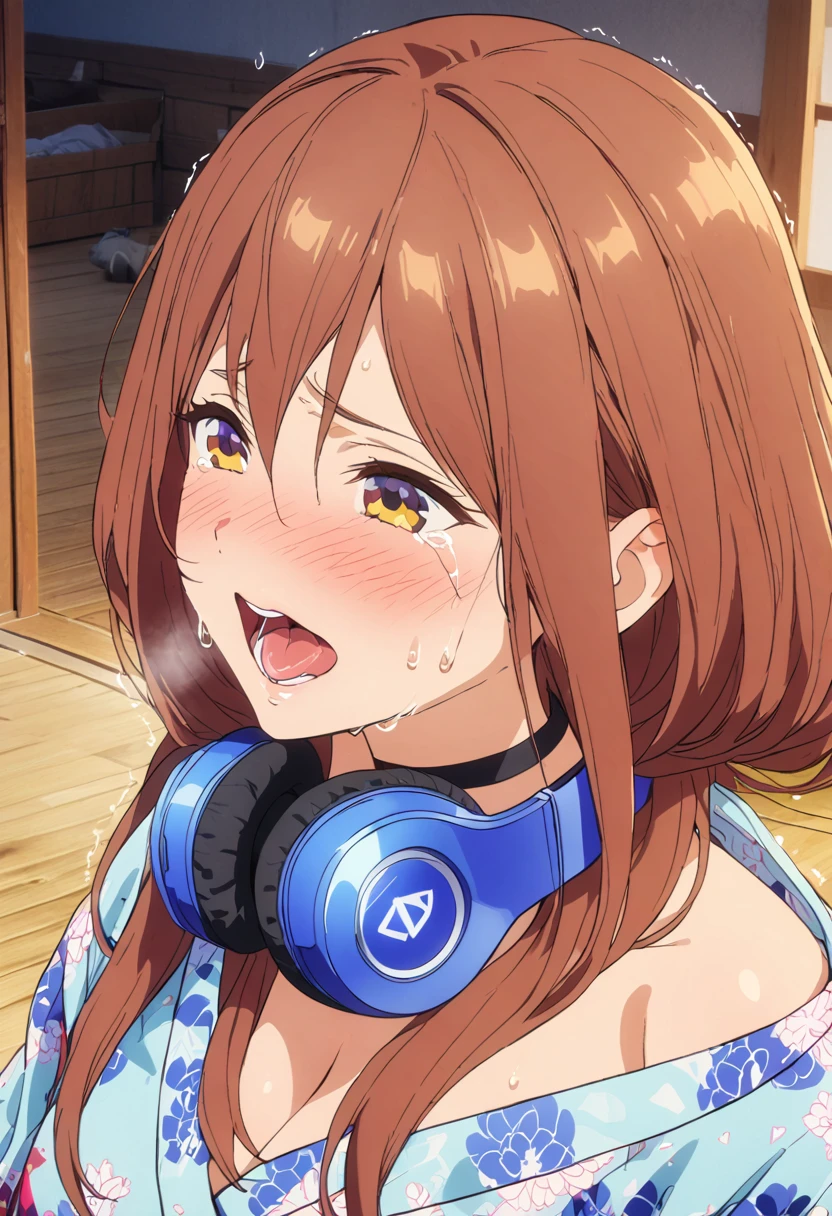 (Highest quality, 4K, 8k, High resolution, masterpiece:1.2), Very detailed, Picturesque, Animated Photography, Photo Animation:1.37)、Japanese schoolgirl、(Brown Hair)、(Medium Long Hair)、Floral Yukata、Blue headphones around his neck、Black choker、storehouse、Ecstasy face、Sweat、Are crying、vapor、trembling、Nakano Miku
