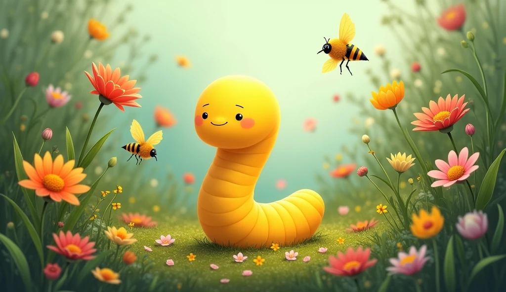 a plain yellow, small worm with simple features, surrounded by various garden creatures like birds, insects, and flowers that don't pay attention to him."