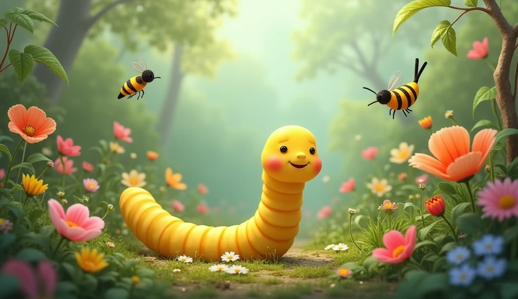  a plain yellow, small worm with simple features, surrounded by various garden creatures like birds, insects, and flowers that don't pay attention to him."