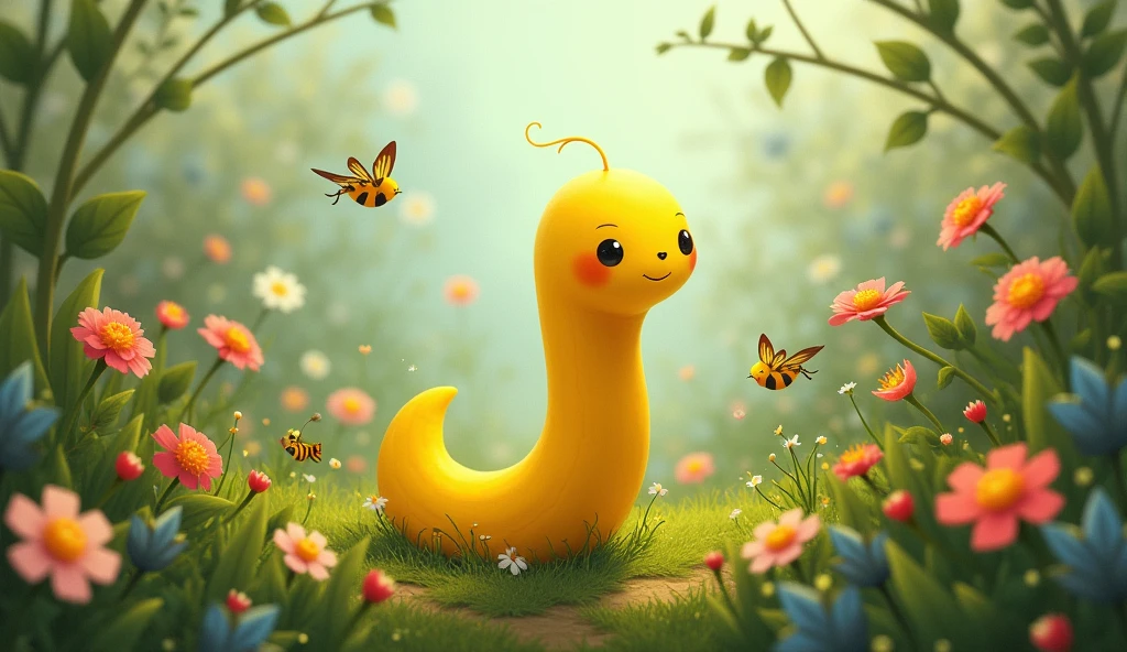 a plain yellow, small worm with simple features, surrounded by various garden creatures like birds, insects, and flowers that don't pay attention to him."