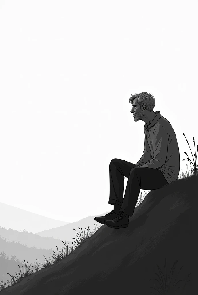 Edge of a hill in black and white in cartoonist way with a sad grown-up man sitting there missing his mother in his imagination (Also draw his mother in his imagination)
