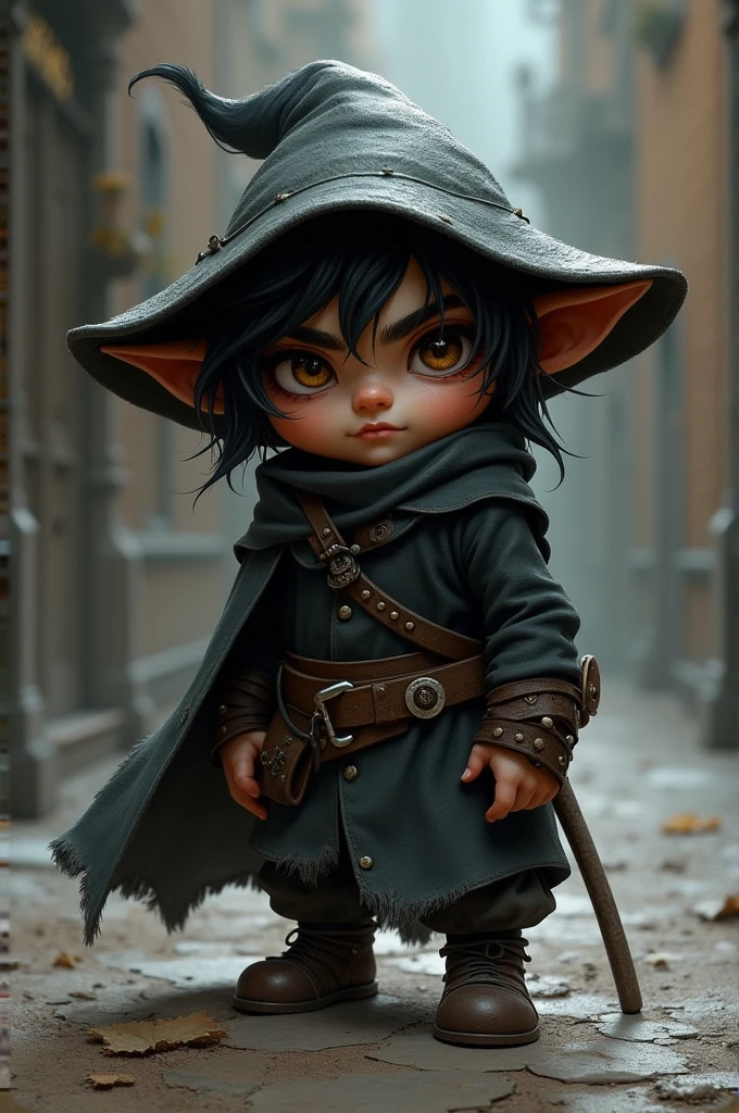 Rolo is a halfling about 3 feet tall., with messy black hair and shrewd brown eyes that always seem to assess the situation around him. He wears tight, dark clothes, ideal for camouflaging yourself in the shadows, and a wide-brimmed hat that hides part of his face.